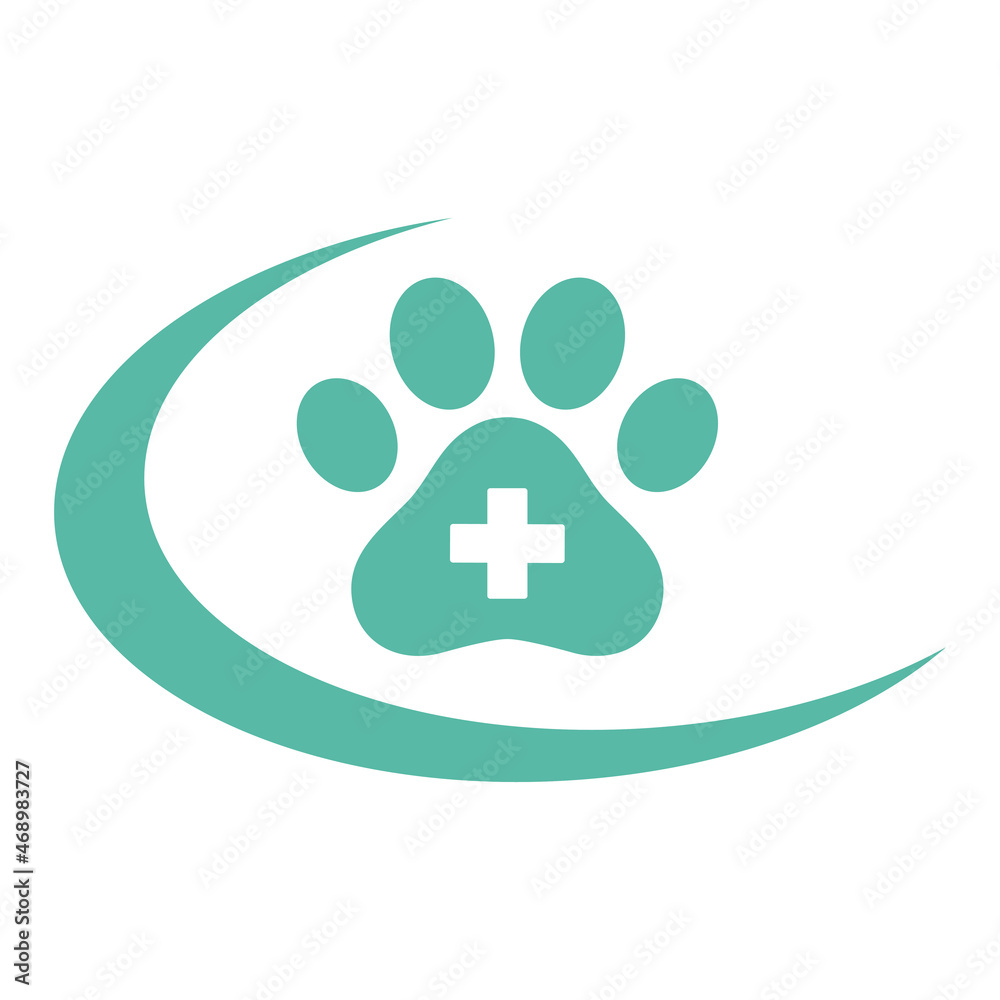 Illustration of the logo of the veterinary clinic.Dog's paw with a medical cross on a white background Illustration of the logo of the veterinary clinic.Dog's paw with a medical cross on a white background