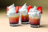 Colorful layered shots of drinks based on vodka, grenadine and orange juice decorated with whipped cream and pieces of strawberry in the shape of bunny ears