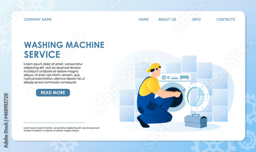 Washing machine service homepage. Professional plumber in blue overall repair or install washer in bathroom. Screwdriver in hand, toolbox on floor. Vector illustration