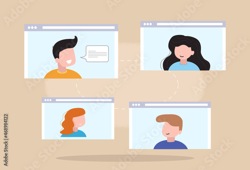 Concept social networking, web, online meetings. Video conference illustration. Group of people talking by internet. Stream, web chatting, online meeting friends.