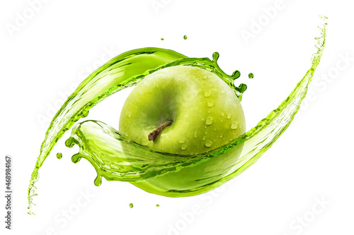 juicy splashing on green apple isolated on a white background