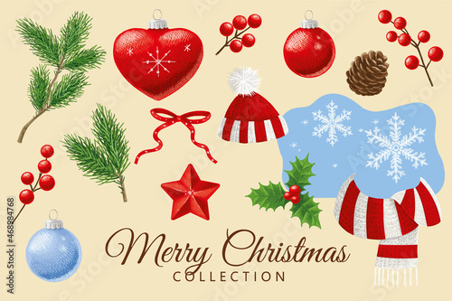 Collection of Christmas elements: Christmas tree branches, balls, red berries, star, bow, knitted scarf, knitted hat, cone, snowflakes, hand-drawn.