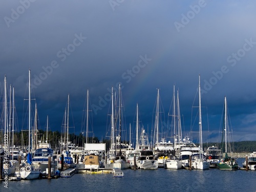 Rainbow over Sidney BC marina during fall-winter rainy season © pr2is