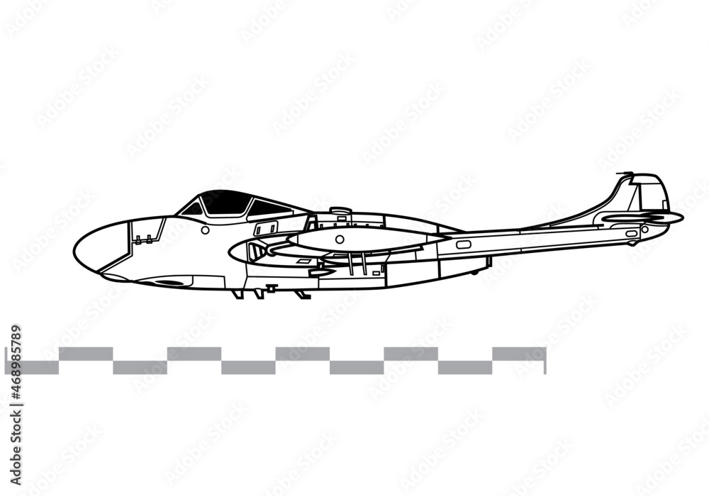 de Havilland Venom NF.3. Vector drawing of early jet night fighter aircraft. Side view. Image for illustration and infographics. de Havilland Venom NF.3. Vector drawing of early jet night fighter aircraft. Side view. Image for illustration and infographics.