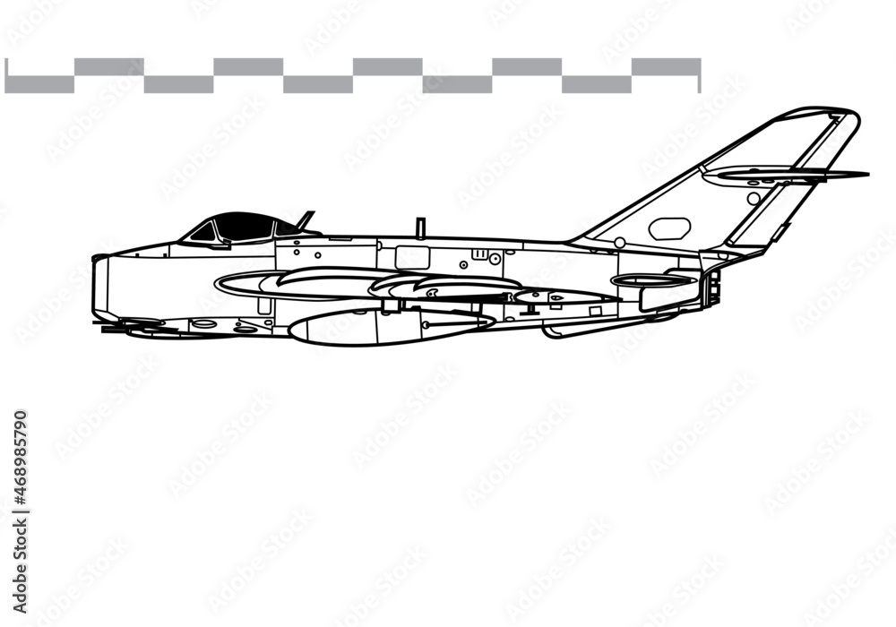 Mikoyan MiG-17 Fresco A. Vector drawing of early jet fighter aircraft. Side view. Image for illustration and infographics. Mikoyan MiG-17 Fresco A. Vector drawing of early jet fighter aircraft. Side view. Image for illustration and infographics.