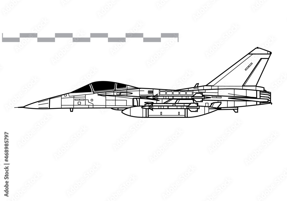 AIDC F-CK-1 Ching-kuo. Vector drawing of multirole tactical fighter. Side view. Image for illustration and infographics. 