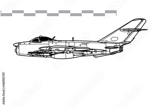 Mikoyan MiG-17PM PFU Fresco E. Vector drawing of early jet interceptor aircraft. Side view. Image for illustration and infographics. photo