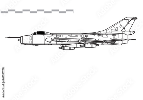 Sukhoi Su-7B Fitter-A. Vector drawing of fighter-bomber aircraft. Side view. Image for illustration and infographics.