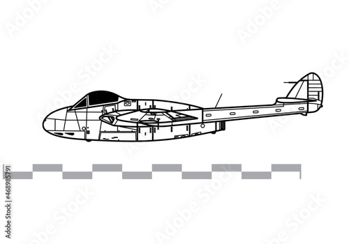 de Havilland Vampire F.Mk 1 Spider Crab. Vector drawing of early jet fighter-bomber aircraft. Side view. Image for illustration and infographics.
