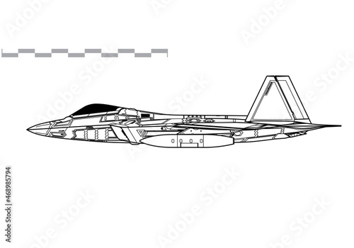 Lockheed Martin F-22 Raptor. Vector drawing of air superiority stealth fighter. Side view. Image for illustration and infographics. 