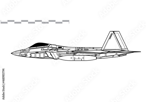 Lockheed Martin F-22 Raptor. Vector drawing of air superiority stealth fighter. Side view. Image for illustration and infographics.  photo
