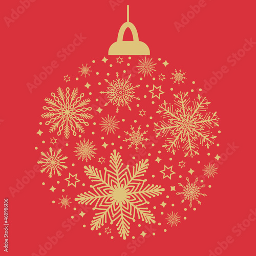 Christmas ball bauble, decoration bulb bubble silhouette with golden snowflakes and snow on red background. Cute New Year, winter holiday clip art, design element for greeting card, invitation, banner