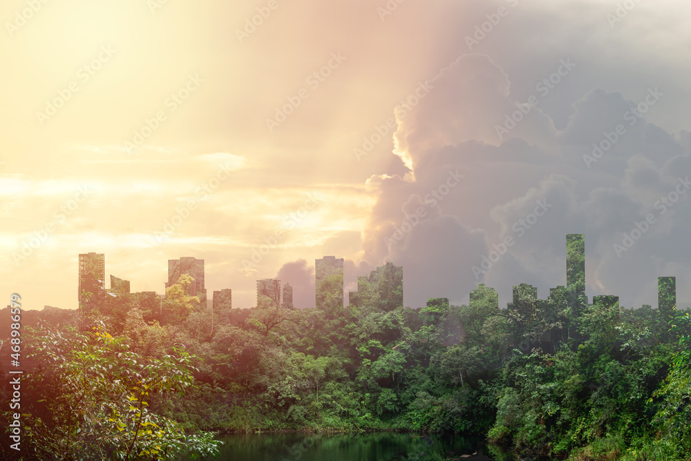 Fototapeta premium Double exposure of city with plants and forest. Sustainable and ecological city concept.