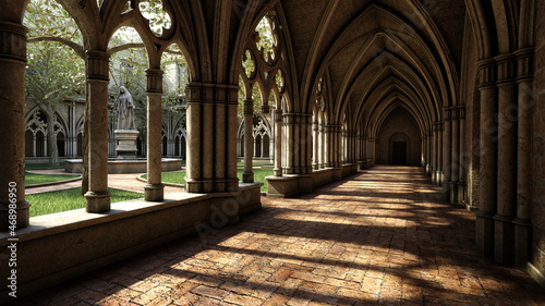 3D rendering of a gothic medieval cloisters and courtyard. photo