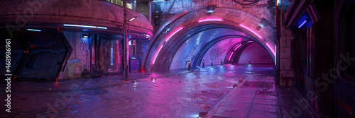 Foto Wide panoramic 3D rendering of a dark moody futuristic cyberpunk city street