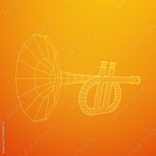 Trumpet pipe fife musiacal instrument. Wireframe low poly mesh vector illustration.