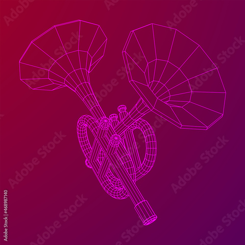 Trumpet pipe fife musiacal instrument. Wireframe low poly mesh vector illustration.