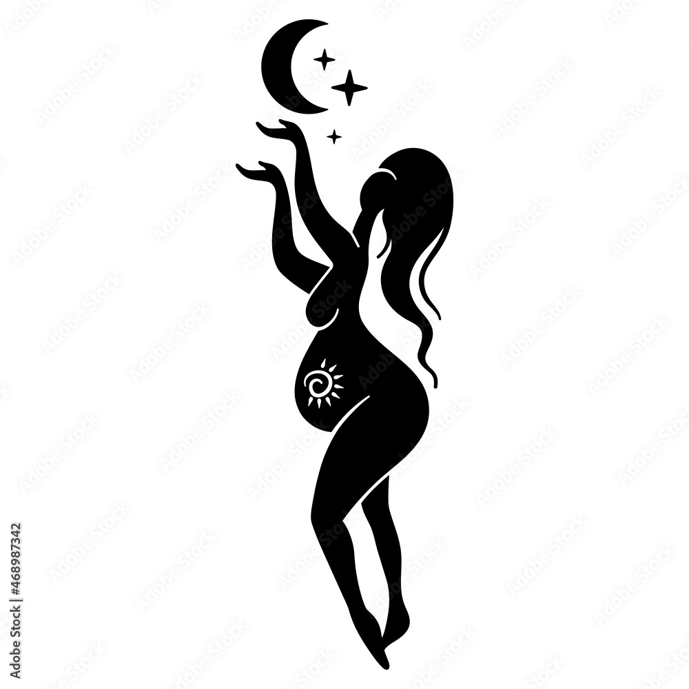 Mystical illustration with pregnant woman. Moon celestial goddess. Magical pregnancy. Vector illustration.