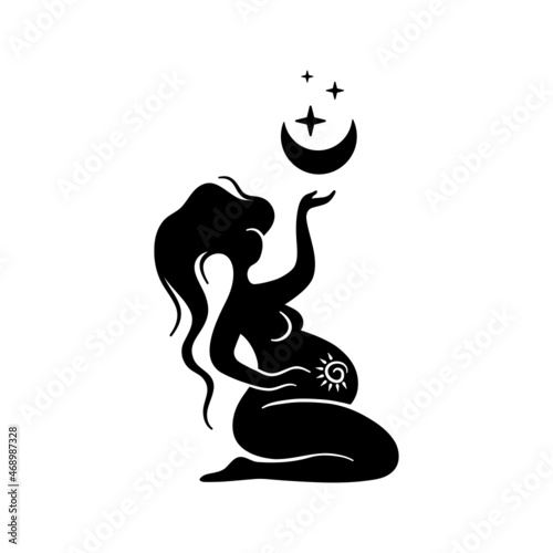 Mystical illustration with pregnant woman. Moon celestial goddess. Magical pregnancy. Vector illustration.