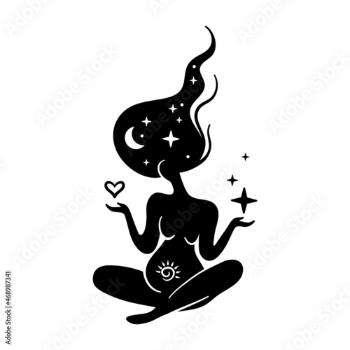 Mystical illustration with pregnant woman. Moon celestial goddess. Magical pregnancy. Vector illustration.