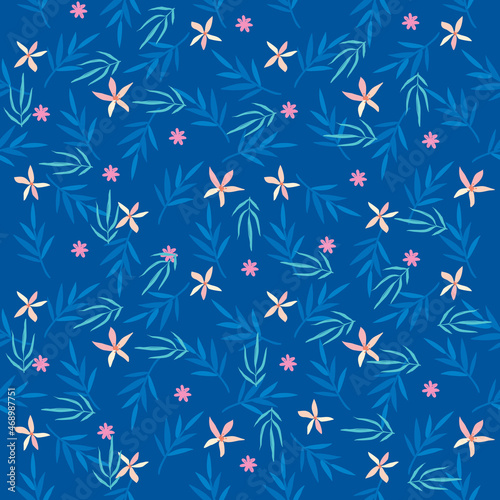 blue flower pattern. seamless vector texture with scattered orange flowers on blue background. orange flowers