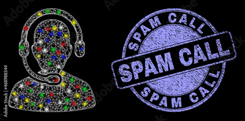 Glossy polygonal mesh net call center operator icon with glow effect on a black background, and Spam Call scratched stamp. Illuminated vector mesh created from call center operator icon,