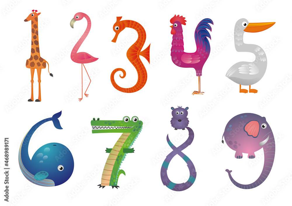 set of cartoon animal numbers from one to nine Stock Illustration