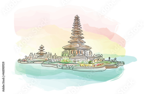 Famous Hindu temple on Bratan lake at sunrise in Bali, Indonesia. Watercolor sketch, vector illustration for travel magazine, web design, social media post, calendar
