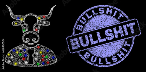 Glossy polygonal mesh web bull boss icon with glitter effect on a black background, and Bullshit unclean stamp seal. Illuminated vector mesh created from bull boss icon,