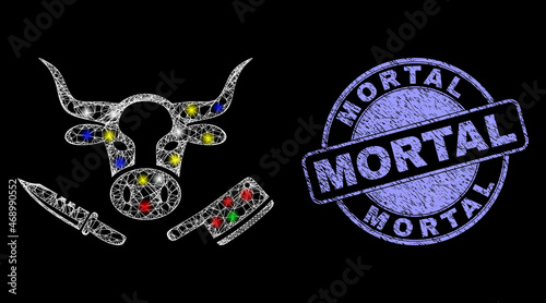 Glossy polygonal mesh web butchery icon with glow effect on a black background with Mortal scratched seal imitation. Illuminated vector mesh created from butchery icon,
