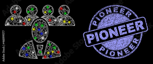 Glossy polygonal mesh net boss icon with glitter effect on a black background, and Pioneer textured stamp seal. Illuminated vector mesh created from boss icon, with white mesh and glitter light dots.