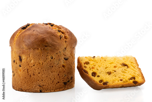 Panettone cake - traditional Italian Christmas cake from Milan , cake with slice isolated on white
