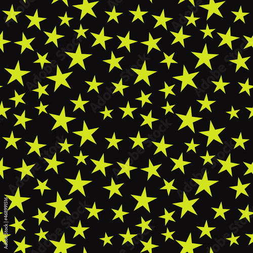 Yellow stars on a black background. Seamless background with the same yellow stars.