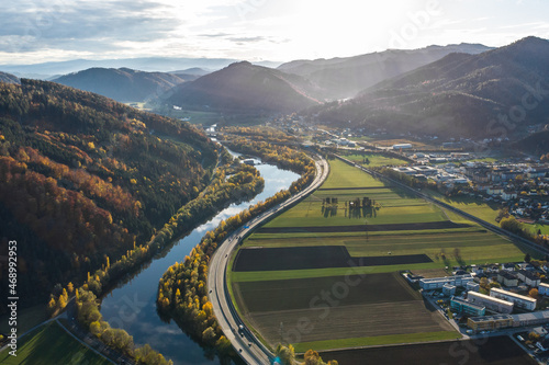 Aerial view of the river Mur near Graz with the hydroelectric power plant in Peggau-Deutschfeistritz photo