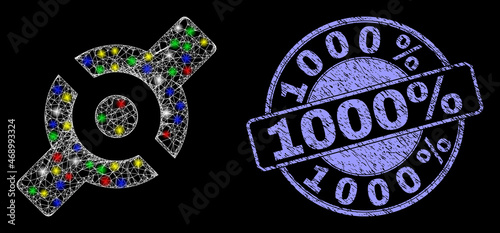 Glossy polygonal mesh net artificial joint icon with glare effect on a black background with 1000% grunge stamp seal. Illuminated vector mesh created from artificial joint icon,