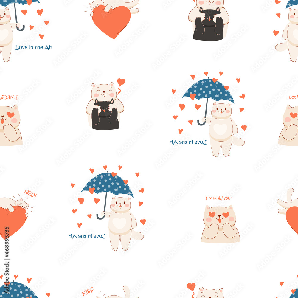 Valentine cat heart seamless pattern. Love animal. Valentine's day cartoon cute sticker kitten. Stock vector pattern illustration isolated on white background. 