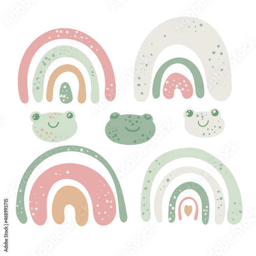 Boho rainbow, abstract minimalist arch with frog. Nursery and baby room. stock modern trendy hand drawn flat illustration isolated on white background.