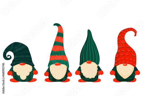 Gnome. Christmas Scandinavian small gnomes in a New Year's santa hat. Set of flat cartoon hand drawn characters. Stock vector illustration isolated on white background.