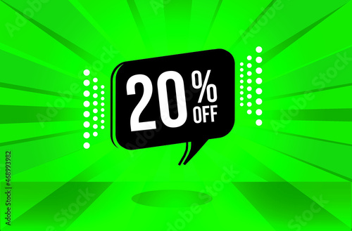 20 percent discount. Green banner with floating balloon for promotions and offers. Vector Illustration.