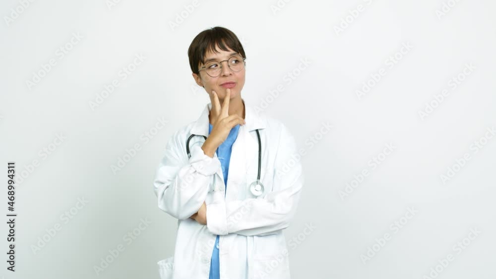 Young woman with nurse uniform having doubts and questioning an idea over isolated background Young woman with nurse uniform having doubts and questioning an idea over isolated background