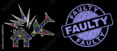 Glossy polygonal mesh web airplane disaster icon with glow effect on a black background with Faulty unclean stamp seal. Illuminated vector constellation created from airplane disaster icon,