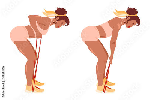 Young woman doing exercises for the upper body with a resistance band at home. Resistance band workout illustration. Hand drawn isolated vector on white background.
