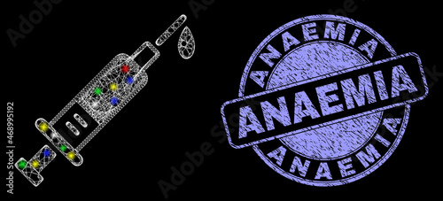 Glossy polygonal mesh web blood syringe icon with glitter effect on a black background, and Anaemia unclean watermark. Illuminated vector mesh created from blood syringe icon,