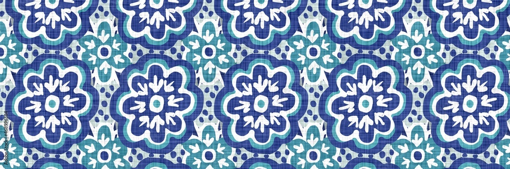 Aegean teal floral border strip linen texture background. Summer coastal living style home decor fabric effect. Sea green washy flower edge material. Decorative textile seamless pattern banner trim. Aegean teal floral border strip linen texture background. Summer coastal living style home decor fabric effect. Sea green washy flower edge material. Decorative textile seamless pattern banner trim.