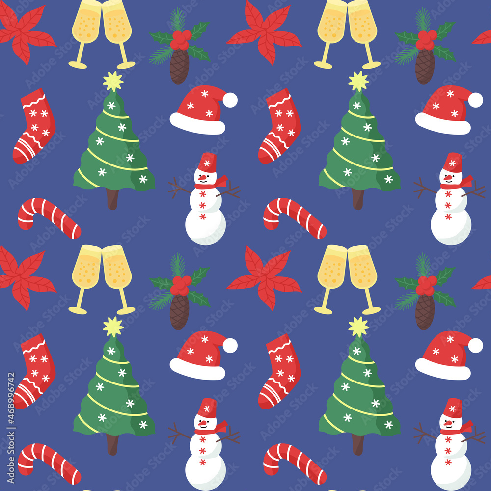 Christmas seamless pattern with gift, Santa hat, champagne glasses. Merry endless background for holiday design. New year repeatable print.