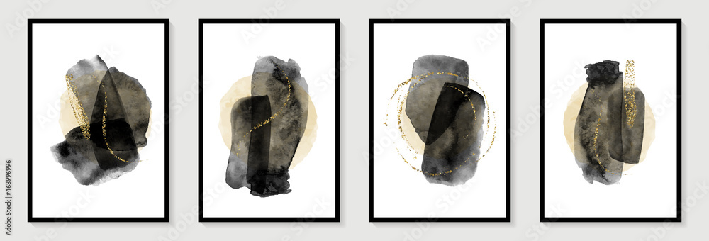 Creative minimalist hand painted Abstract art background with black watercolor stain and golden doodle Scribble line. Design for wall decoration, postcard, poster or brochure - obrazy, fototapety, plakaty 