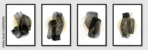 Creative minimalist hand painted Abstract art background with black watercolor stain and golden doodle Scribble line. Design for wall decoration, postcard, poster or brochure