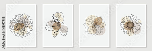 Set of creative minimalist hand draw illustrations flowers outline pastel biege simple shape and brush stroke for wall decoration, postcard or brochure cover design