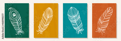 Creative minimalist hand draw feather Abstract art background. Modern aesthetic illustrations. Bohemian style Collection of artistic Design for wall decoration, postcard, poster, brochure