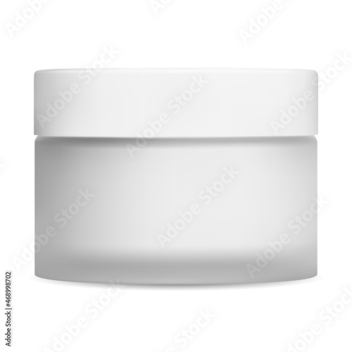 Clear cream jar. White matt glass cosmetic package, plastic lid. Face creme pack, vector container template. Skin blush care gel jar, round design. Medical ointment template